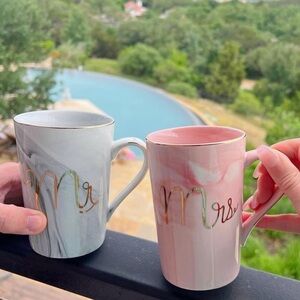 Mr and Mrs Marbled Coffee Mugs. Pink/Grey with Gold NWOT